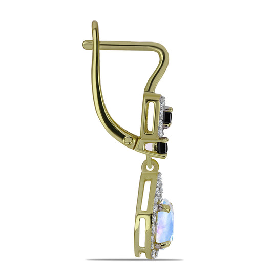 Pozlátené Strieborné Náušnice s Dúhovým Mesačným Kameňom a Čiernym Spinelom