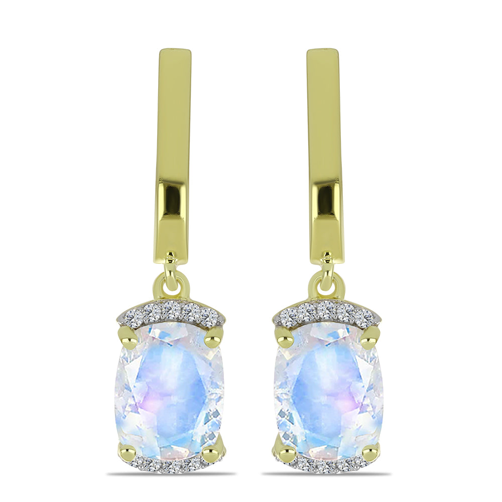 Pozlátené Strieborné Náušnice s Dúhovým Mesačným Kameňom a Bielym Topásom