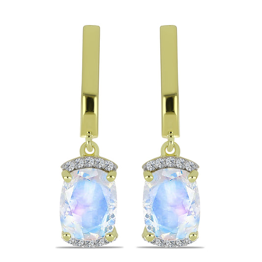 Pozlátené Strieborné Náušnice s Dúhovým Mesačným Kameňom a Bielym Topásom