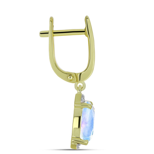 Pozlátené Strieborné Náušnice s Dúhovým Mesačným Kameňom a Bielym Topásom