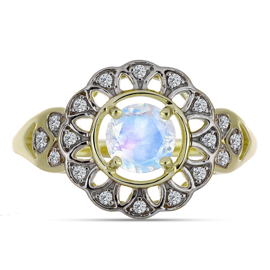 Pozlátený Strieborný Prsteň s Dúhovým Mesačným Kameňom a Bielym Topásom