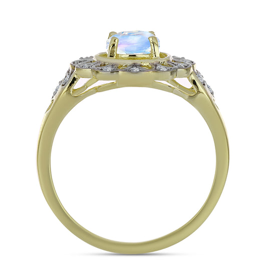 Pozlátený Strieborný Prsteň s Dúhovým Mesačným Kameňom a Bielym Topásom