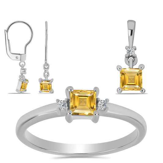 Strieborné Sada s Uralským Citrínom a Bielym Topásom ( Náušnice+Prsteň +Prívesok )