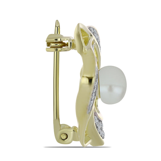 Pozlátený Strieborný Brošňa s Bielou Sladkovodnou Perlou a Bielym Topásom