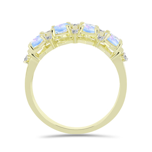 Pozlátený Strieborný Prsteň s Dúhovým Mesačným Kameňom a Bielym Topásom