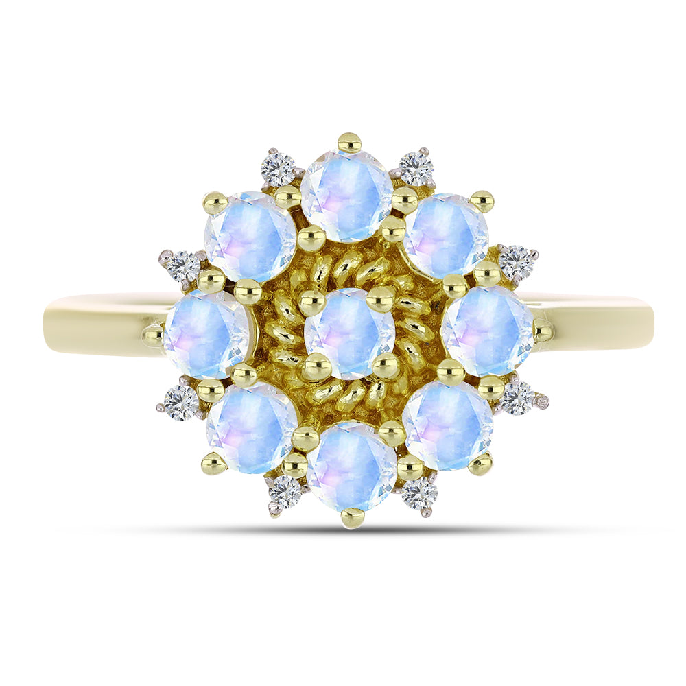 Pozlátený Strieborný Prsteň s Dúhovým Mesačným Kameňom a Bielym Topásom