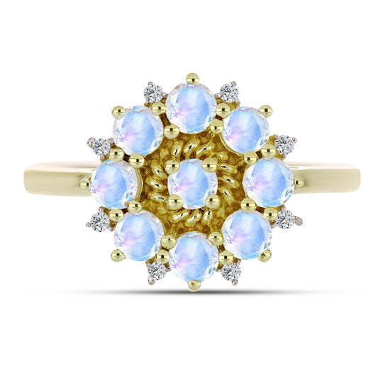 Pozlátený Strieborný Prsteň s Dúhovým Mesačným Kameňom a Bielym Topásom