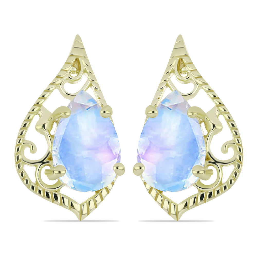 Pozlátené Strieborné Náušnice s Dúhovým Mesačným Kameňom