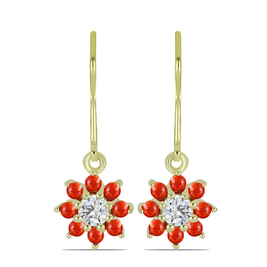 Pozlátené Strieborné Náušnice s Červeným Hubovitým Koralom a Bielym Topásom