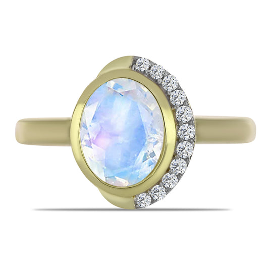 Pozlátený Strieborný Prsteň s Dúhovým Mesačným Kameňom a Bielym Topásom