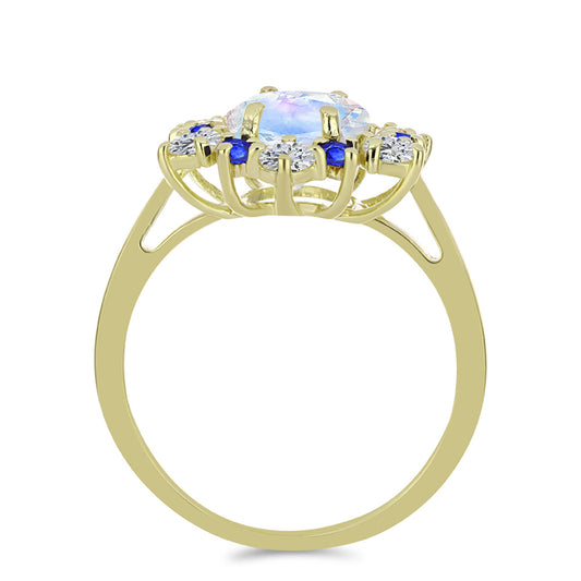 Pozlátený Strieborný Prsteň s Dúhovým Mesačným Kameňom a Austrálskym Modrým Zafírom