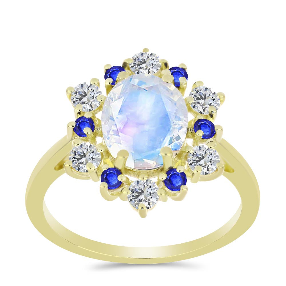 Pozlátený Strieborný Prsteň s Dúhovým Mesačným Kameňom a Austrálskym Modrým Zafírom 3 