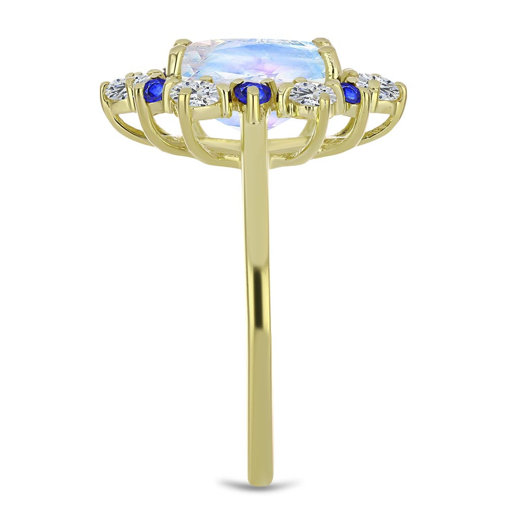 Pozlátený Strieborný Prsteň s Dúhovým Mesačným Kameňom a Austrálskym Modrým Zafírom