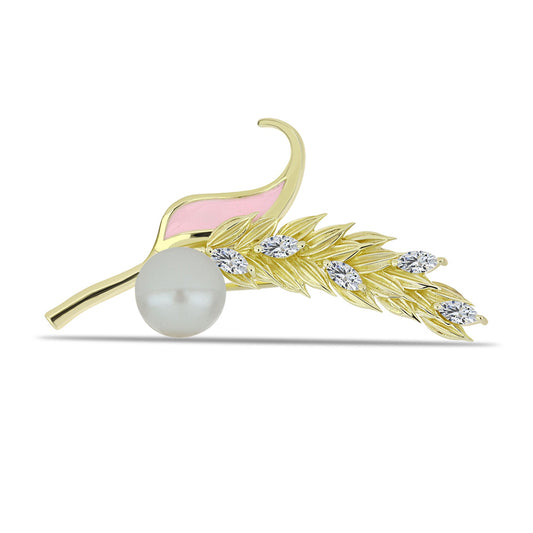 Pozlátený Strieborný Brošňa s Bielou Sladkovodnou Perlou a Bielym Topásom