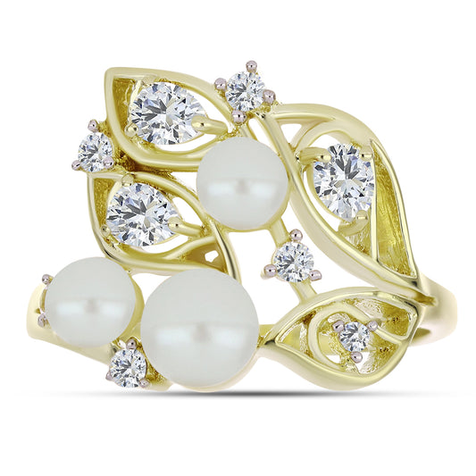 Pozlátený Strieborný Prsteň s Bielou Sladkovodnou Perlou a Bielym Topásom