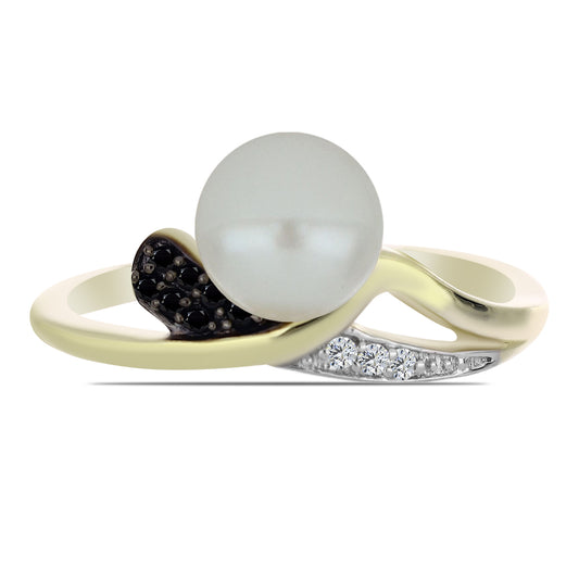 Pozlátený Strieborný Prsteň s Bielou Sladkovodnou Perlou a Čiernym Spinelom