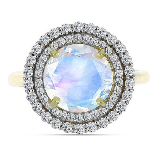 Pozlátený Strieborný Prsteň s Dúhovým Mesačným Kameňom a Akvamarínom