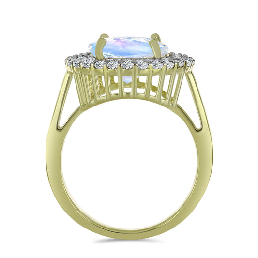 Pozlátený Strieborný Prsteň s Dúhovým Mesačným Kameňom a Akvamarínom