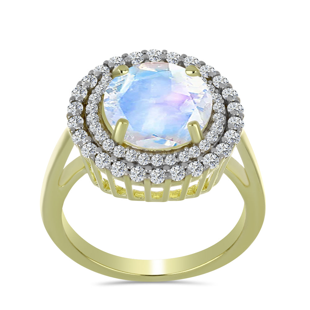 Pozlátený Strieborný Prsteň s Dúhovým Mesačným Kameňom a Akvamarínom