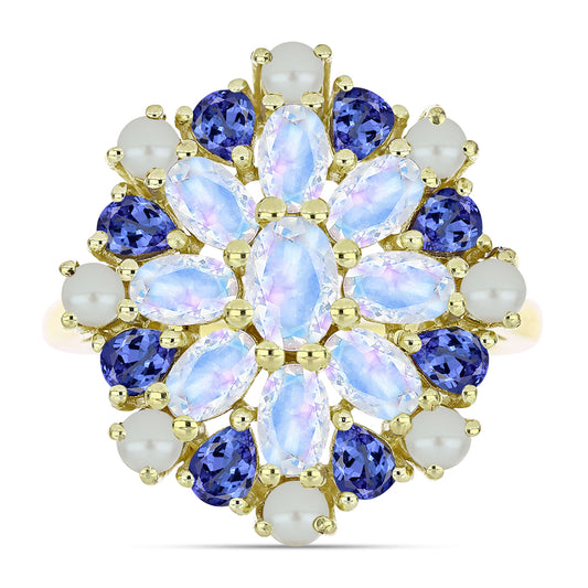 Pozlátený Strieborný Prsteň s Bielou Sladkovodnou Perlou a Tanzanitom