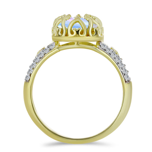 Pozlátený Strieborný Prsteň s Dúhovým Mesačným Kameňom a Bielym Topásom