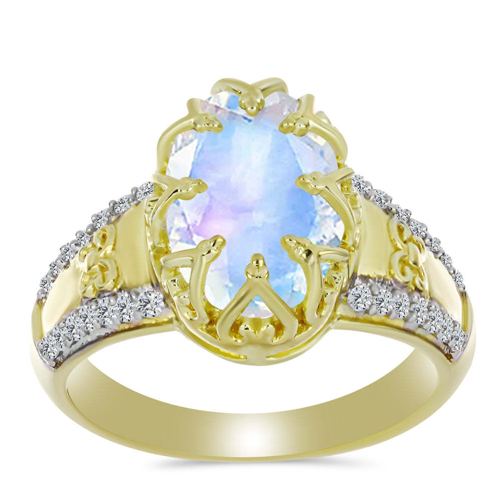 Pozlátený Strieborný Prsteň s Dúhovým Mesačným Kameňom a Bielym Topásom