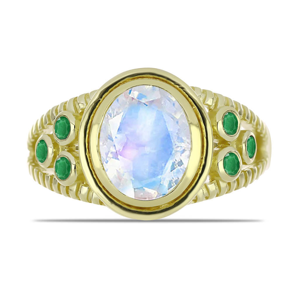 Pozlátený Strieborný Prsteň s Dúhovým Mesačným Kameňom a Brazílskym Smaragdom 1 