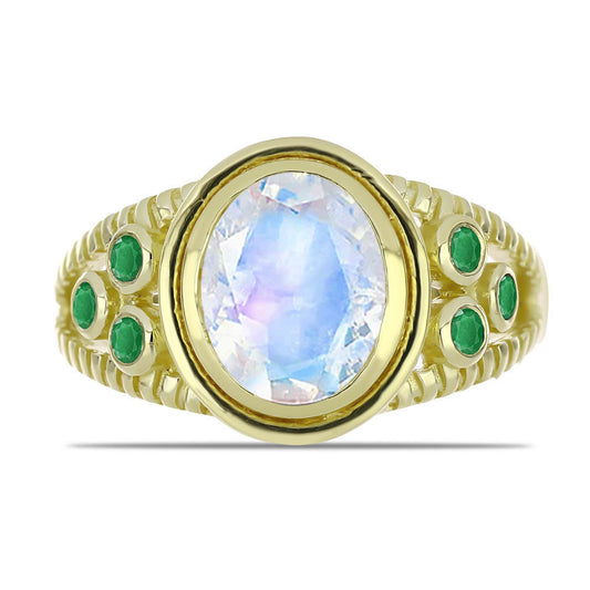Pozlátený Strieborný Prsteň s Dúhovým Mesačným Kameňom a Brazílskym Smaragdom