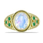 Pozlátený Strieborný Prsteň s Dúhovým Mesačným Kameňom a Brazílskym Smaragdom
