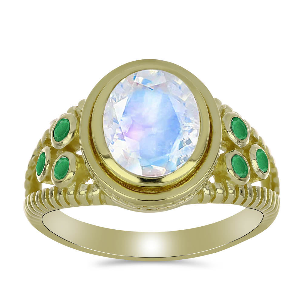 Pozlátený Strieborný Prsteň s Dúhovým Mesačným Kameňom a Brazílskym Smaragdom 3 