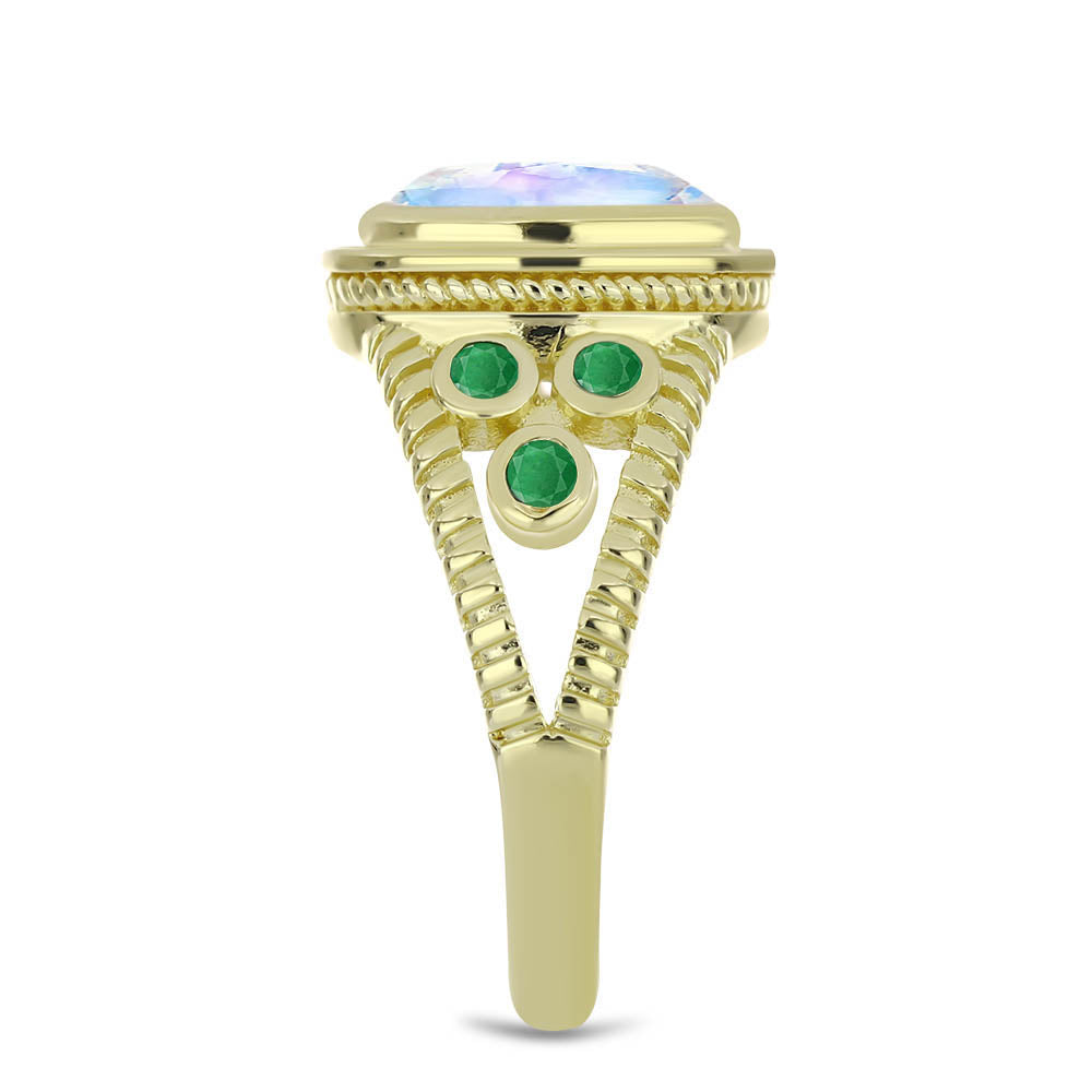 Pozlátený Strieborný Prsteň s Dúhovým Mesačným Kameňom a Brazílskym Smaragdom 4 