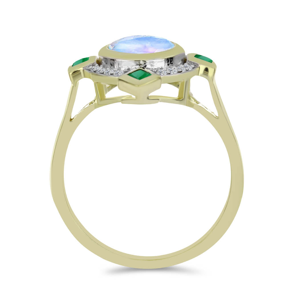 Pozlátený Strieborný Prsteň s Dúhovým Mesačným Kameňom a Brazílskym Smaragdom 2 