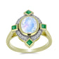 Pozlátený Strieborný Prsteň s Dúhovým Mesačným Kameňom a Brazílskym Smaragdom