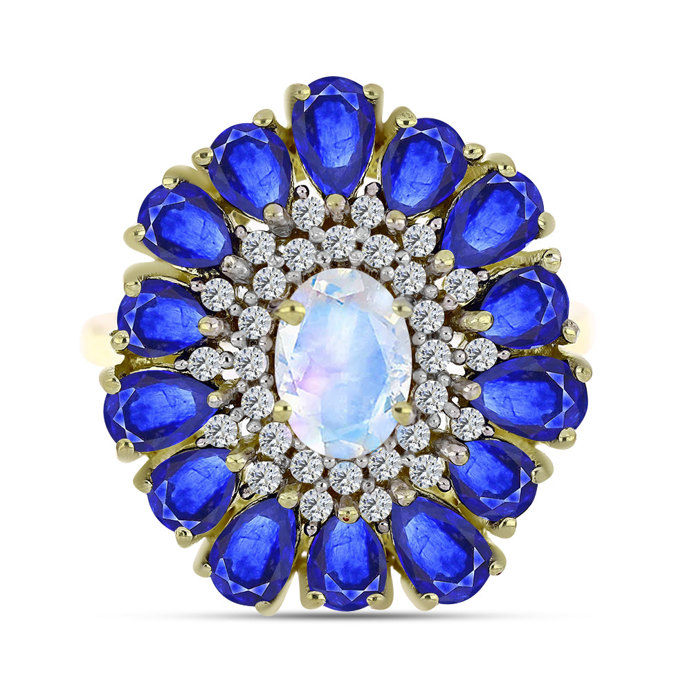 Pozlátený Strieborný Prsteň s Dúhovým Mesačným Kameňom a Austrálskym Modrým Zafírom