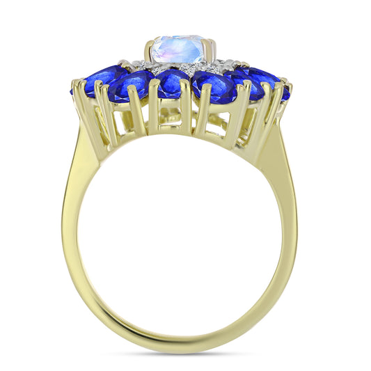 Pozlátený Strieborný Prsteň s Dúhovým Mesačným Kameňom a Austrálskym Modrým Zafírom