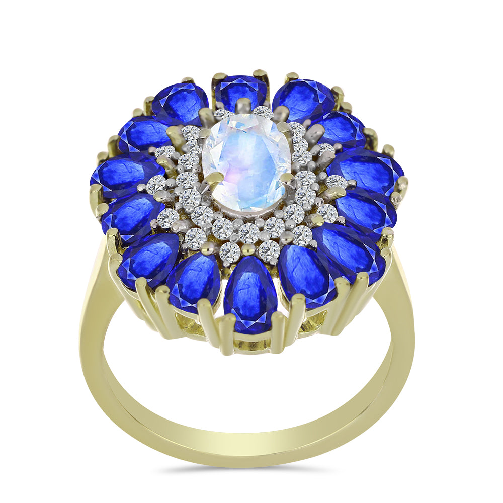 Pozlátený Strieborný Prsteň s Dúhovým Mesačným Kameňom a Austrálskym Modrým Zafírom