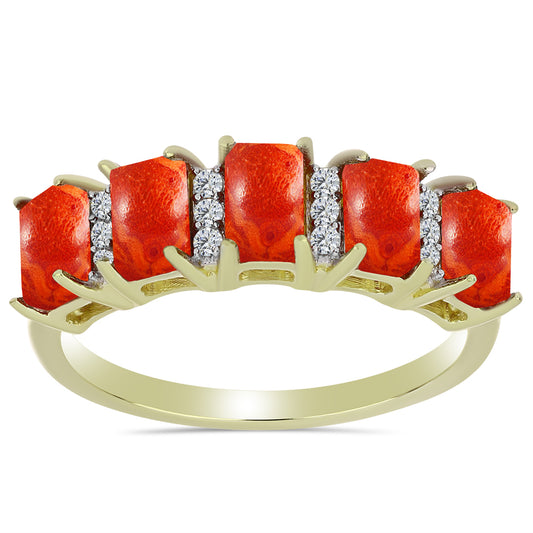 Pozlátený Strieborný Prsteň s Červeným Hubovitým Koralom a Bielym Topásom