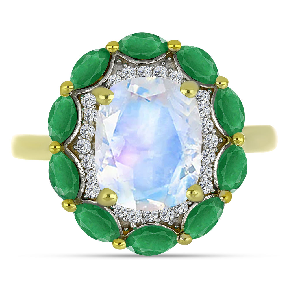 Pozlátený Strieborný Prsteň s Dúhovým Mesačným Kameňom a Brazílskym Smaragdom 1 