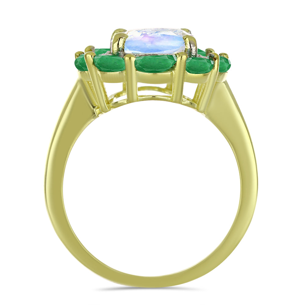 Pozlátený Strieborný Prsteň s Dúhovým Mesačným Kameňom a Brazílskym Smaragdom
