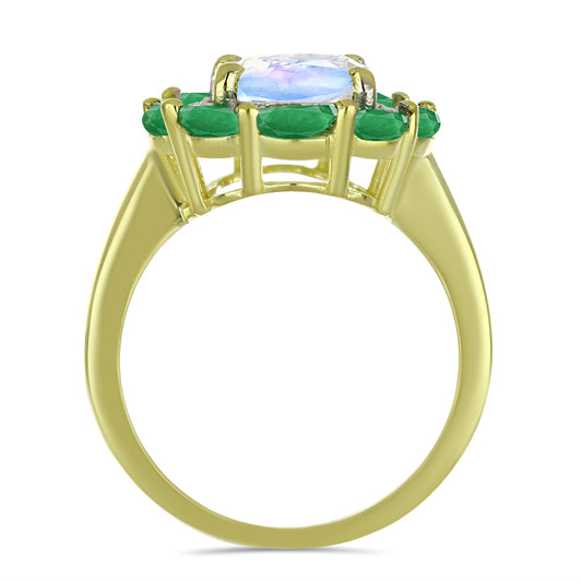 Pozlátený Strieborný Prsteň s Dúhovým Mesačným Kameňom a Brazílskym Smaragdom