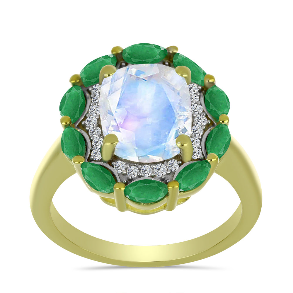 Pozlátený Strieborný Prsteň s Dúhovým Mesačným Kameňom a Brazílskym Smaragdom 3 
