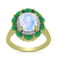 Pozlátený Strieborný Prsteň s Dúhovým Mesačným Kameňom a Brazílskym Smaragdom