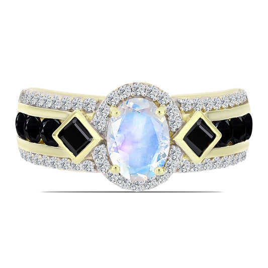 Pozlátený Strieborný Prsteň s Dúhovým Mesačným Kameňom a Čiernym Spinelom
