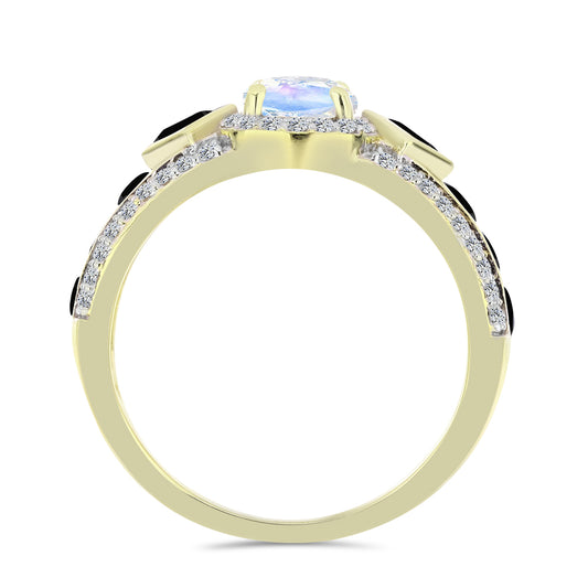 Pozlátený Strieborný Prsteň s Dúhovým Mesačným Kameňom a Čiernym Spinelom