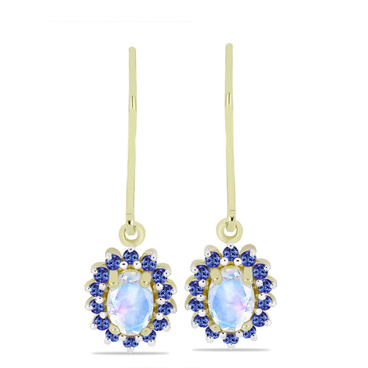 Pozlátené Strieborné Náušnice s Dúhovým Mesačným Kameňom a Tanzanitom