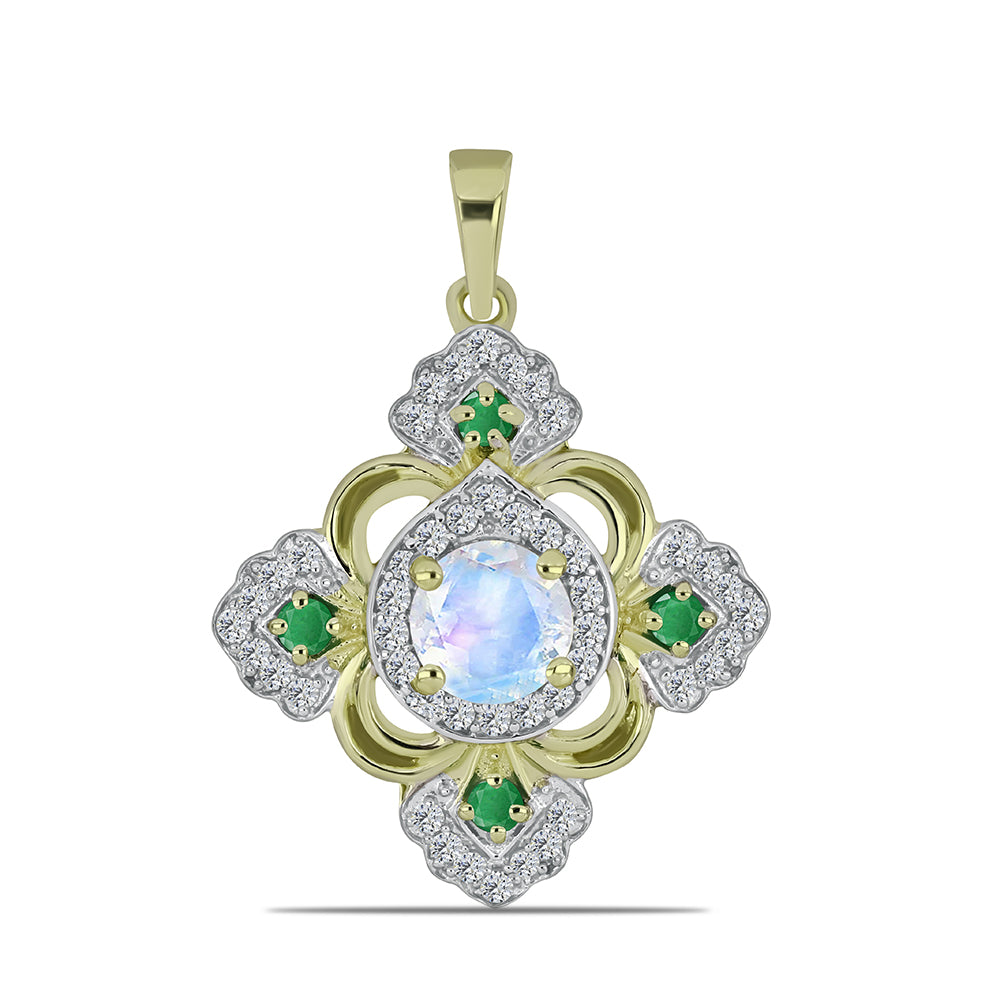 Pozlátený Strieborný Prívesok s Dúhovým Mesačným Kameňom a Brazílskym Smaragdom