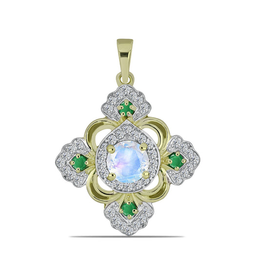 Pozlátený Strieborný Prívesok s Dúhovým Mesačným Kameňom a Brazílskym Smaragdom