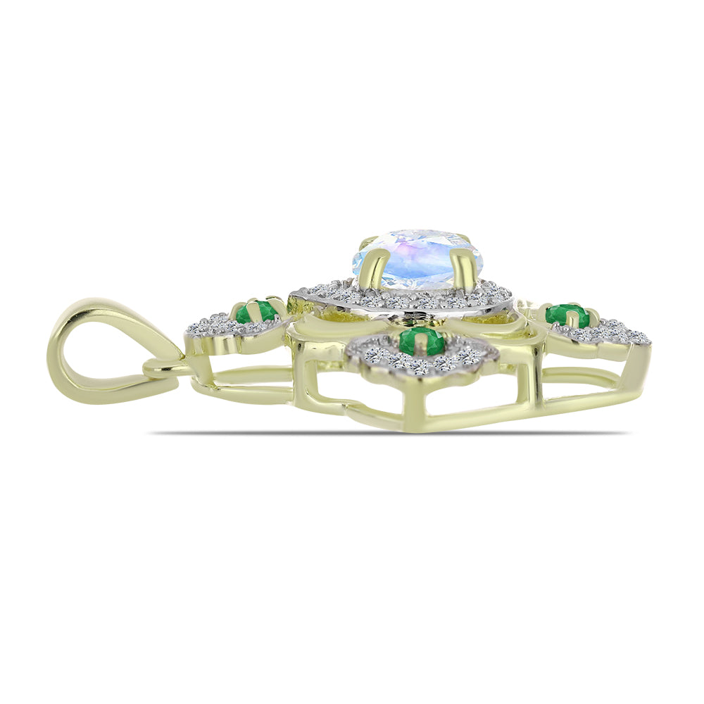 Pozlátený Strieborný Prívesok s Dúhovým Mesačným Kameňom a Brazílskym Smaragdom