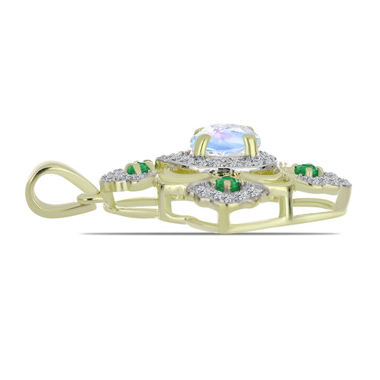 Pozlátený Strieborný Prívesok s Dúhovým Mesačným Kameňom a Brazílskym Smaragdom