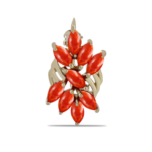 Pozlátený Strieborný Brošňa s Červeným Hubovitým Koralom